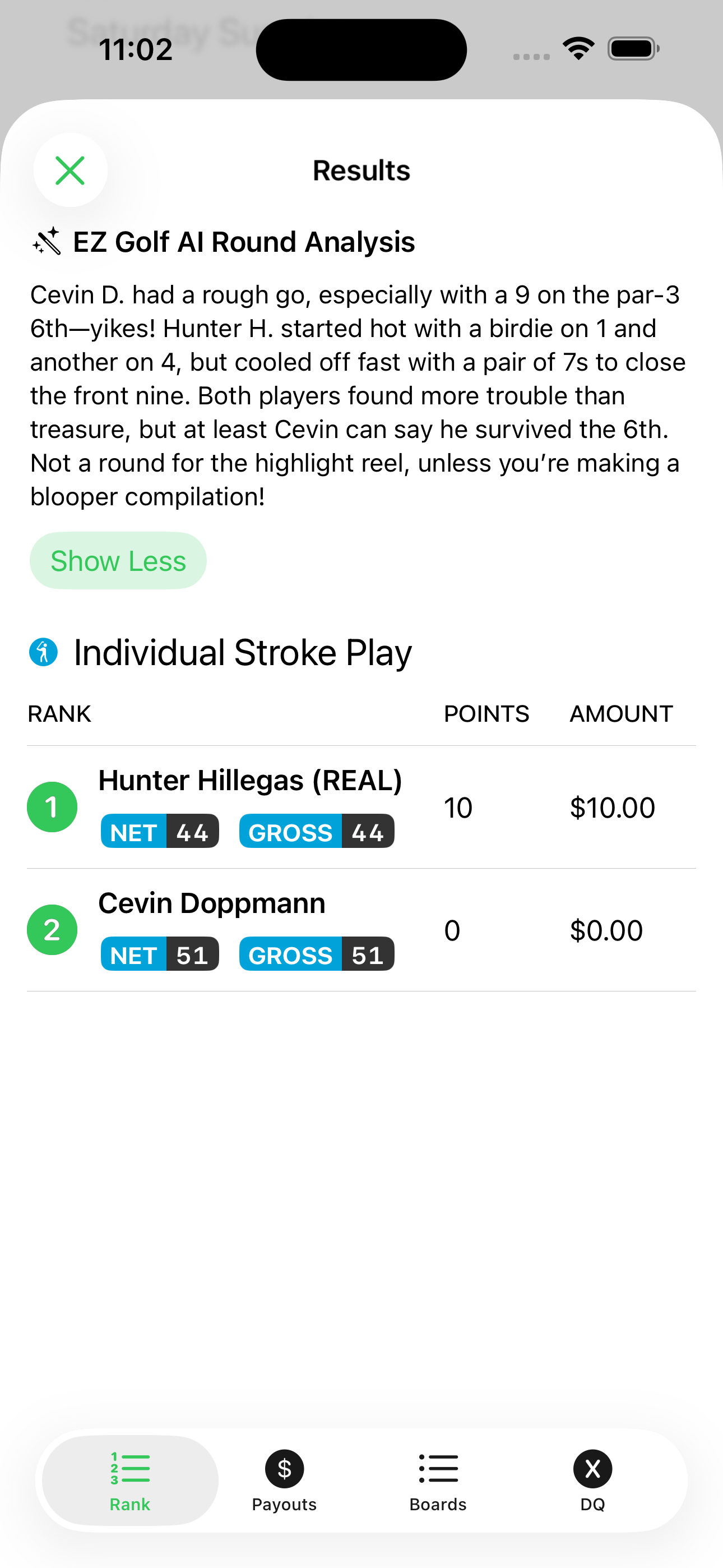 EZ Golf League iPhone rankings screen